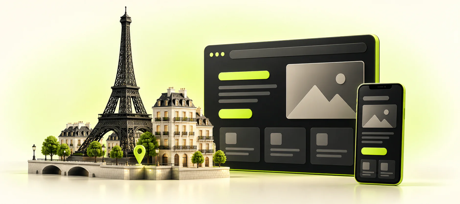 Ilustrație 3D cu Turnul Eiffel, clădiri pariziene și un website pe desktop și telefon, în culorile ArtioMotion